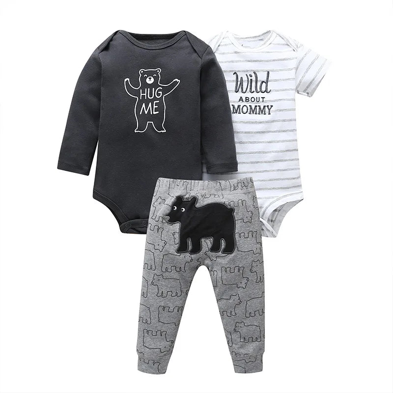 3PCS Baby Bodysuit Set – Soft Cotton Long & Short Sleeve Infant Rompers with Comfortable PP Pants for Baby Boys & Girls