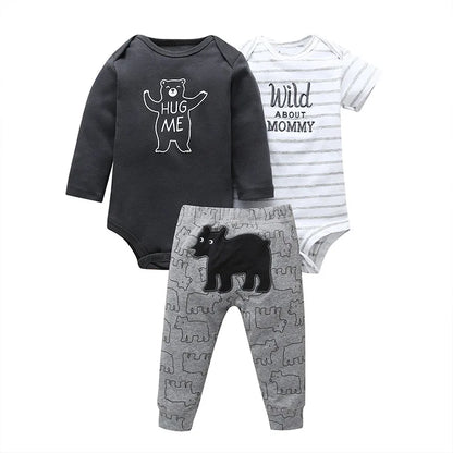 3PCS Baby Bodysuit Set – Soft Cotton Long & Short Sleeve Infant Rompers with Comfortable PP Pants for Baby Boys & Girls