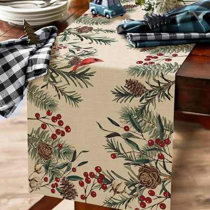 Christmas Pine Needle Linen Table Runner – Red Cardinal Bird & Winter Branch Design for Farmhouse Kitchen, Dining Table & Holiday Decor