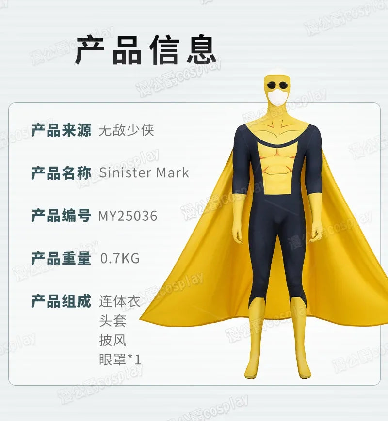Invincible Inspired Sinister Mark Cosplay Costume – Men’s Yellow Uniform Disguise Outfit for Anime Halloween, Carnival & Party Roleplay