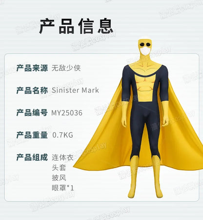 Invincible Inspired Sinister Mark Cosplay Costume – Men’s Yellow Uniform Disguise Outfit for Anime Halloween, Carnival & Party Roleplay