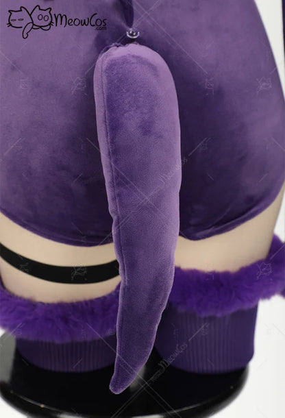 Meowcos Genga Cosplay Costume – Purple Ghost Romper Bodysuit | Hooded Plush Outfit with Belt, Tail & Socks (Halloween / Women)