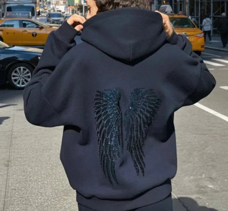 Women’s Y2K Wings Beaded Sequin Hoodie 2026 – Oversized Fleece-Lined Casual Pullover Sweatshirt, Fashion Streetwear Top