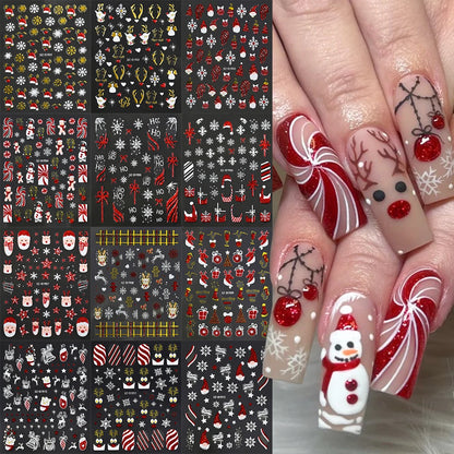 Christmas Nail Art Stickers – Red Glitter Snowflake, Elk & Snowman Self-Adhesive Holiday Manicure Decals (1–12pcs)