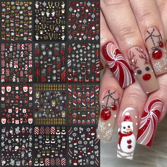 Pegatinas de Navidad para uñas – Copo de nieve de purpurina roja, alce y muñeco de nieve, autoadhesivas para manicura festiva (1–12 unidades)