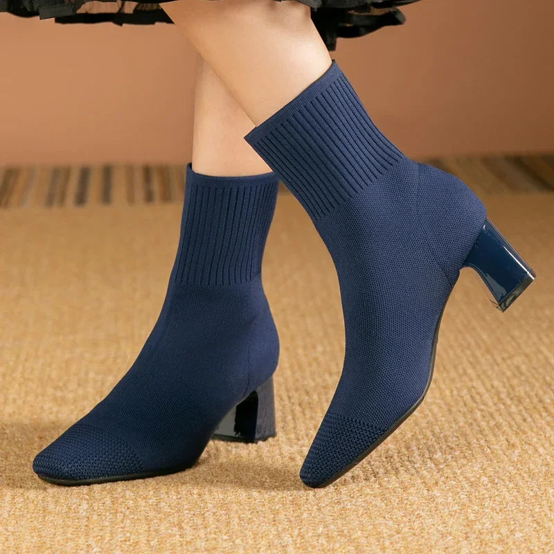 Women's Knitted Sock Boots – Pointed Toe High Heel Mid-Calf Boots, Stretch Fabric Slip-On Design for Spring & Autumn, Plus Size 43