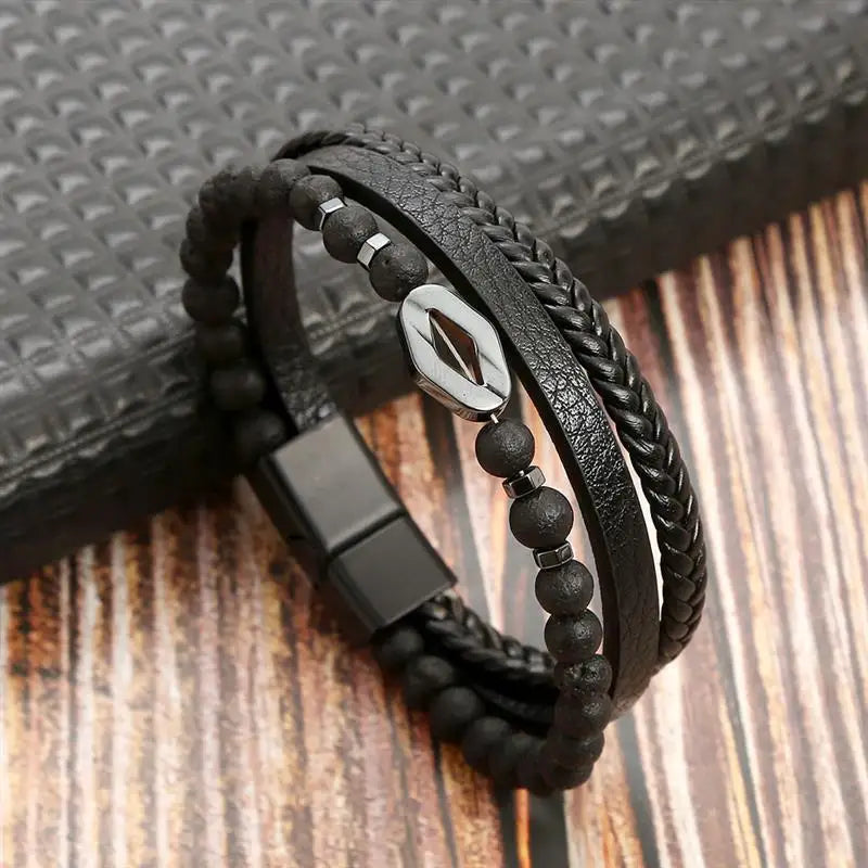 Pulsera de cuero clásica para hombre – Pulsera multicapa tejida a mano para hombre | Accesorio de joyería de moda casual, regalo