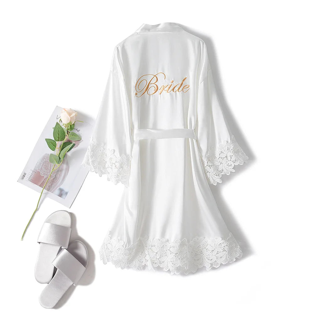 Women’s Summer Lace Kimono Robe – Bride & Bridesmaid Wedding Sleepwear Embroidered Bathrobe Night Dress