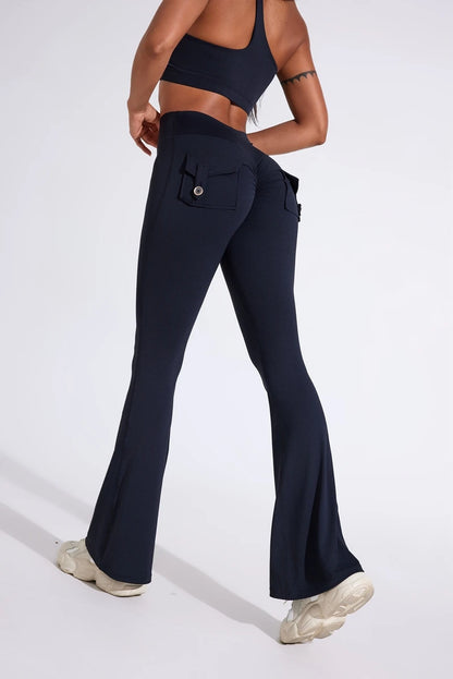 DIAS FIT JOY Pantalon de yoga évasé taille haute pour femme – Legging patte d'éléphant push-up avec poches, pantalon d'entraînement à séchage rapide pour la course, la gym, le fitness et l'exercice