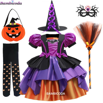 Girls Pumpkin Halloween Costume Dress – Fancy Bat Print Witch Princess Ball Gown for Cosplay, Festival & Party