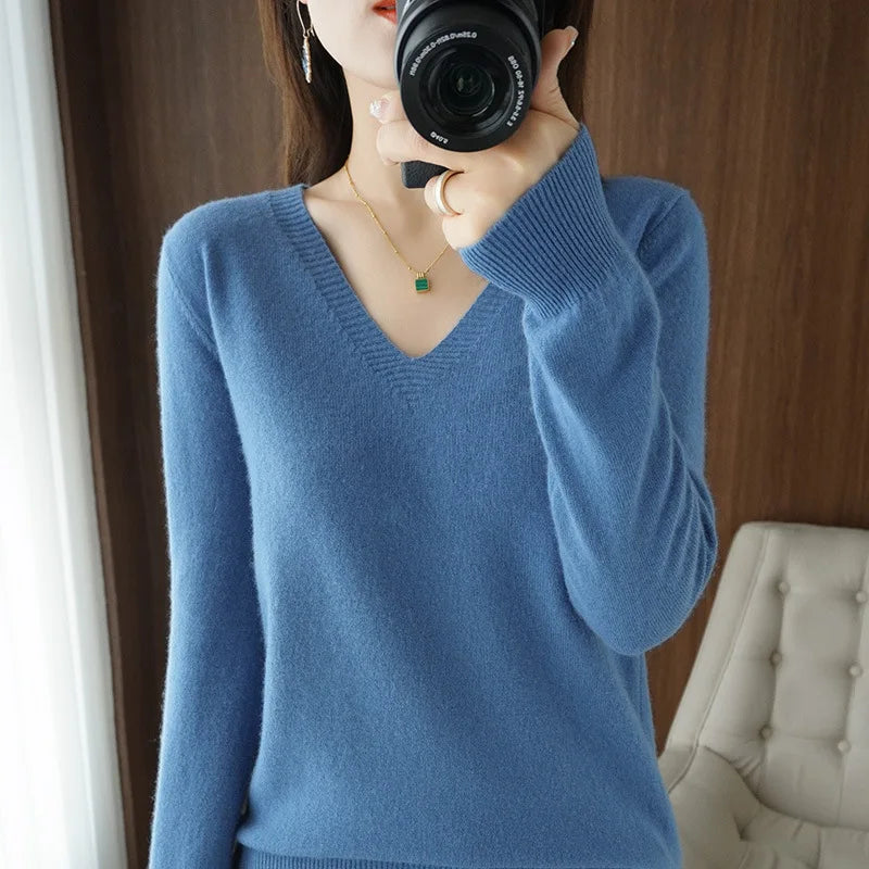Women's Cashmere-Style V-Neck Sweater – Long-Sleeve Knitted Pullover with Lace Neck & Hollow-Out Detail, Casual Autumn & Winter Top