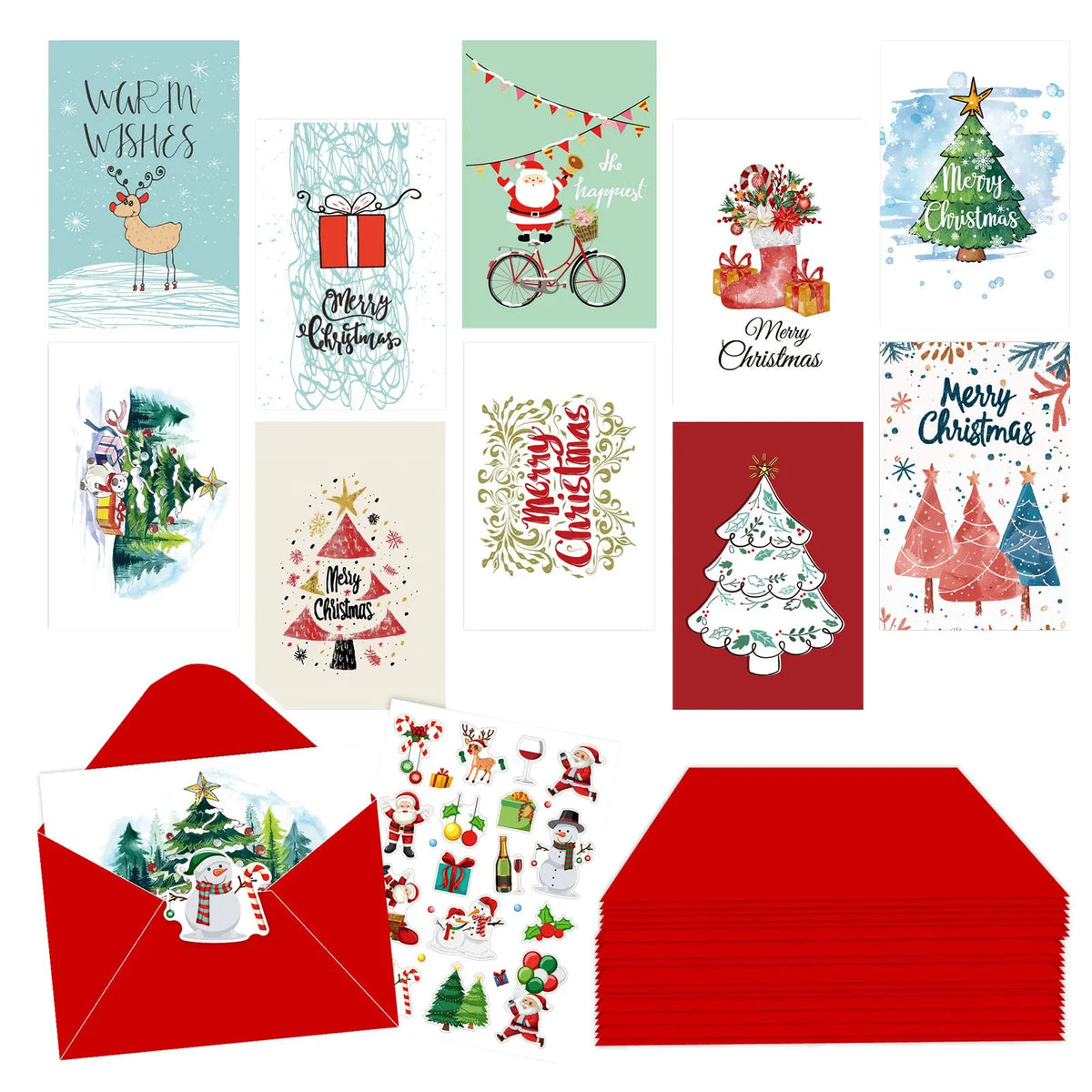 10PCS Christmas Fold Greeting Cards with Envelopes – Merry Christmas & New Year DIY Gift Cards for Xmas Party Decor