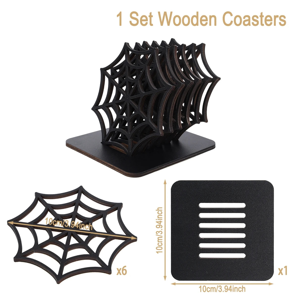 Halloween Spider Web Placemat and Coaster Set, Wooden Spider Web Table Decor with Storage Base, Gothic Halloween Party Table Accessories, Spooky Home Decoration and Party Supplies