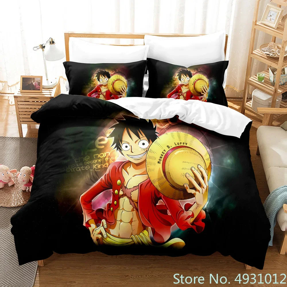 One Piece Luffy 3-Piece Bedding Set – 3D Cartoon Anime Duvet Cover & Pillowcase Set for Kids, Boys, Teens & Adults