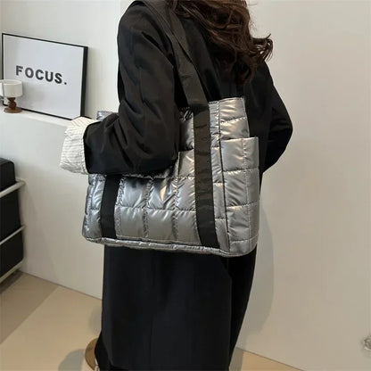 Sac à bandoulière matelassé pour femmes – Grand sac fourre-tout en nylon pour l'hiver 2025, motif en coton chaud, sac à main de voyage décontracté et tendance