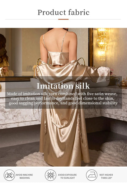 Women’s 3PCS Satin Pajama Set – Sexy Nightgown, Sling Dress & Robe Elegant Sleepwear Loungewear