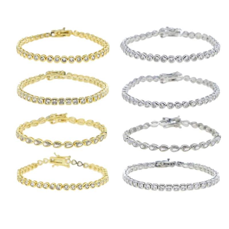 Pulsera de tenis 5A CZ – Pulsera geométrica de cristal de circonita cúbica con bisel para mujer | Joyería de moda clásica de lujo