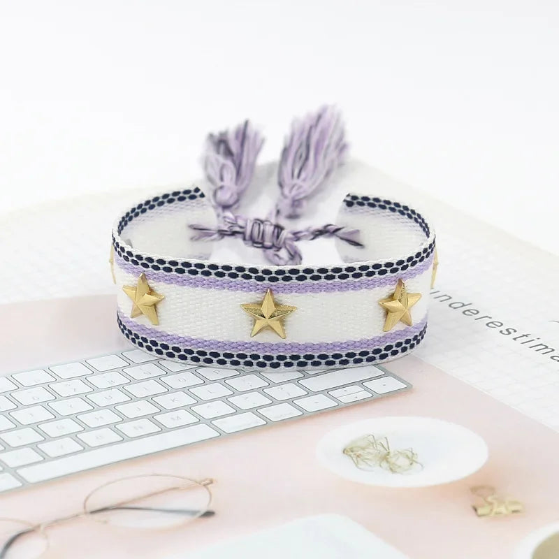 Bohemian Star Tassel Bracelet – Handmade Woven Alloy Gold Rivet Wrist Strap for Women | Ethnic Fashion Jewelry Gift
