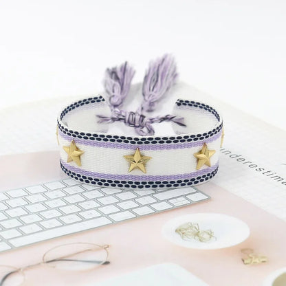 Bohemian Star Tassel Bracelet – Handmade Woven Alloy Gold Rivet Wrist Strap for Women | Ethnic Fashion Jewelry Gift