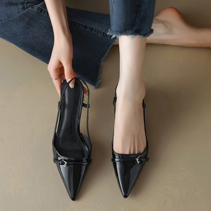 Zapatos de tacón slingback de charol para mujer – Zapatos de vestir de tacón medio con hebilla y punta fina, elegantes sandalias de verano sin cordones