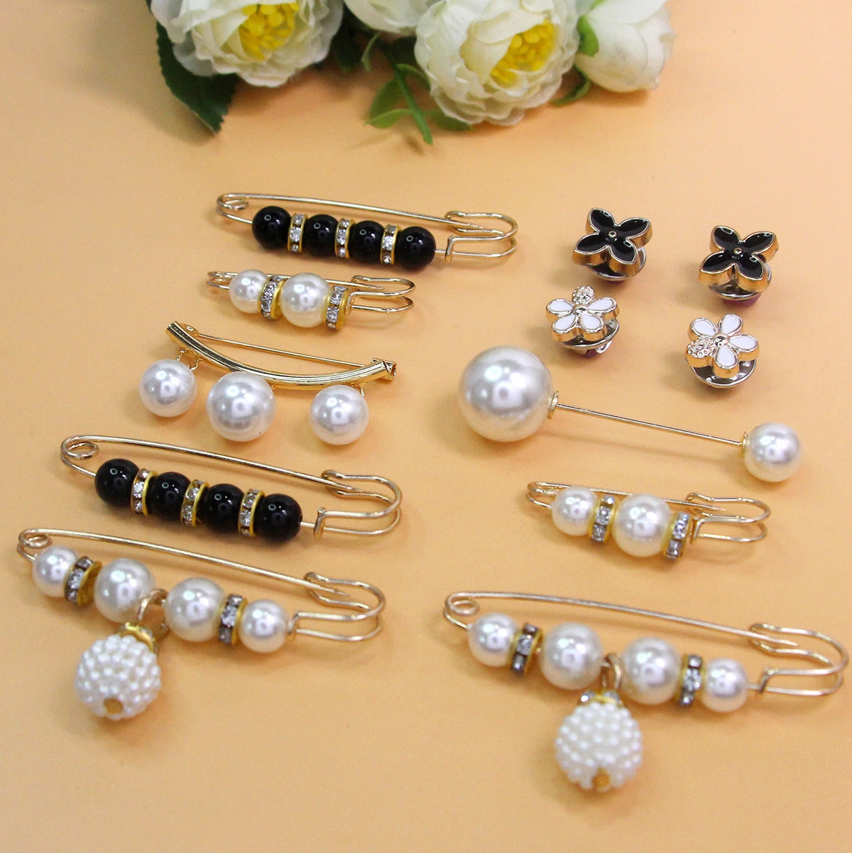 AINAMEISI 12PCS Pearl Brooch Pins – Adjustable Waist & Skirt Cinching Anti-Slip Metal Clothing Pins for DIY Sewing & Fashion Accessories