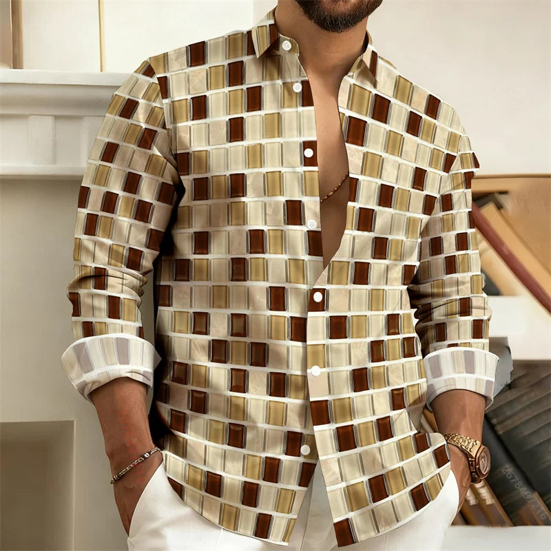 Men’s 3D Printed Plaid Long Sleeve Shirt – Fashion Casual Streetwear Top for Outdoor Everyday Wear, Sizes S–6XL
