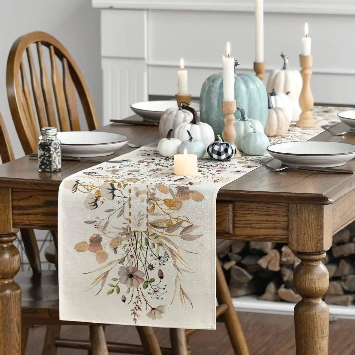 Spring Wildflower Floral Linen Table Runner – Reusable Leaves Flower Farmhouse Table Decor for Kitchen, Dining, Wedding & Party