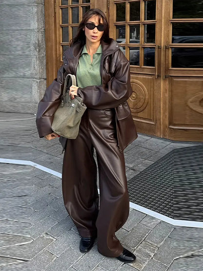 Women’s PU Leather Jacket – Long-Sleeve Stand Collar Zip-Up Coat, Casual Streetwear Outerwear for Autumn & Winter