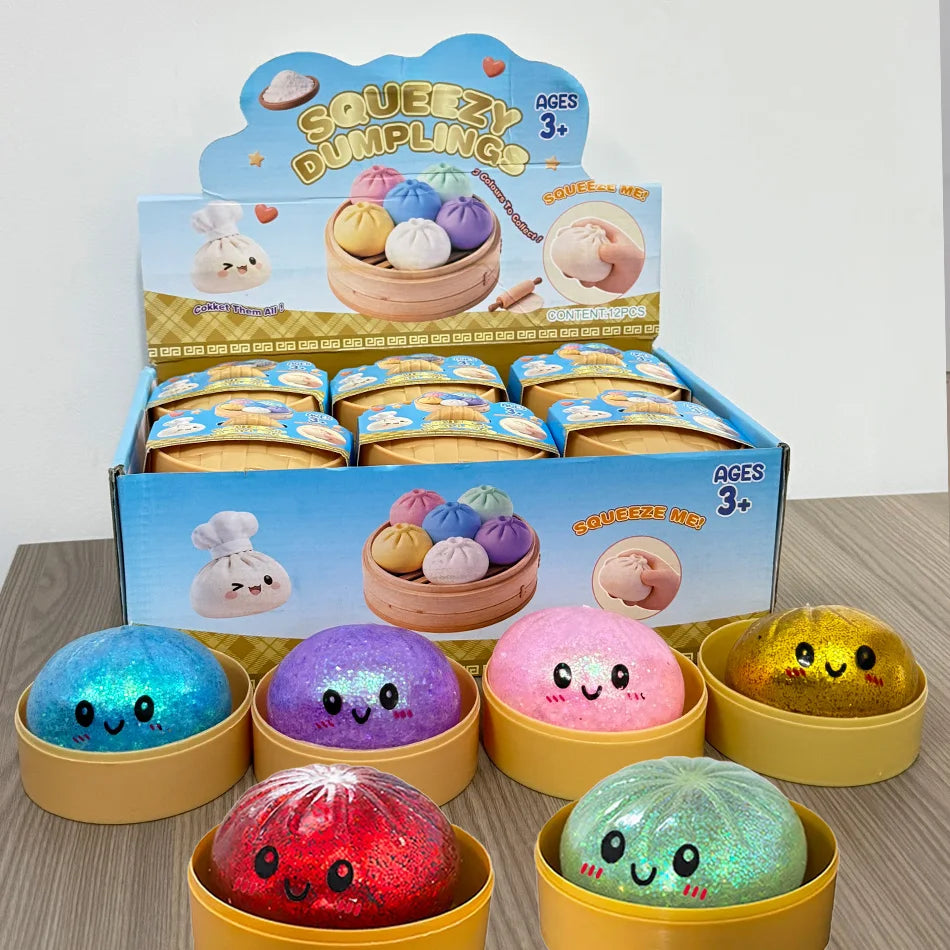 1–12PCS Glitter Dumpling Squishy with Box – Sensory Squeeze Stress Relief Fidget Toy, Glitter Dumplings Set