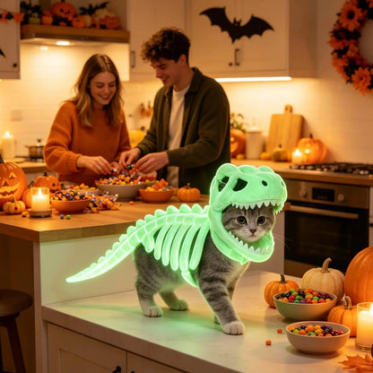 Glow-in-the-Dark Dinosaur Skeleton Pet Costume – Soft Fluffy Dinosaur-Shaped Halloween Role-Play Outfit for Cats & Small Dogs