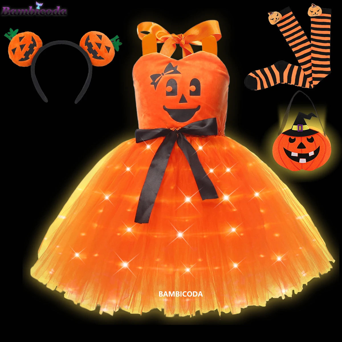 Girls LED Light-Up Witch Costume Dress – Halloween Vampire Cosplay Outfit for Carnival, Masquerade, Performance & Pumpkin Parties
