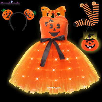 Girls LED Light-Up Witch Costume Dress – Halloween Vampire Cosplay Outfit for Carnival, Masquerade, Performance & Pumpkin Parties