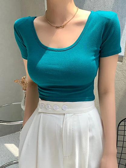 2026 Summer Women’s 100% Cotton Slim T-Shirt Casual Basic O-Neck Solid Korean Style Tee 16 Colors