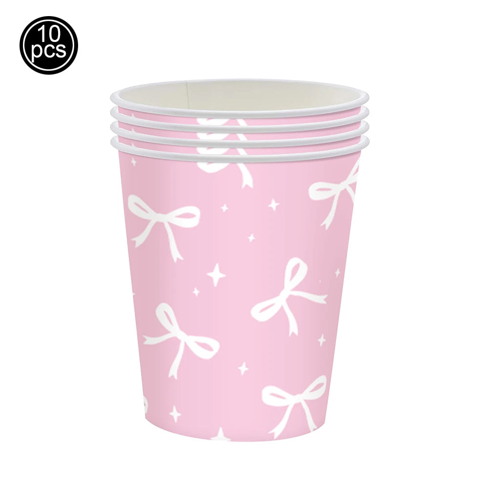 Kit de Fête d'Anniversaire Rose – Thème Princesse Bannière, Ballons Nœud, Pailles, Assiettes en Papier Jetables, Serviettes et Gobelets Vaisselle Décorations pour Fêtes d'Anniversaire de Filles