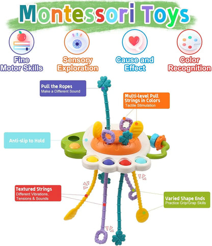 Juguete Sensorial de Silicona Montessori con Cuerda para Bebés – Mordedor Sonajero para Bebés de 6 a 12 Meses