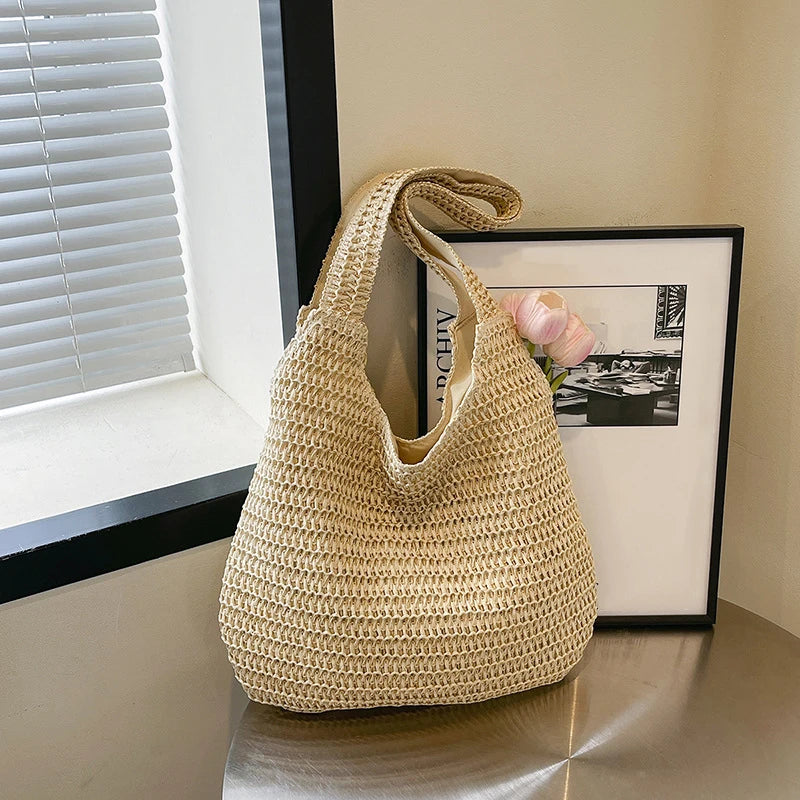 Sac à bandoulière en rotin tressé pour femmes – Grand sac cabas en paille tressée, sac de plage d'été pour femmes, sac de voyage décontracté pour les vacances, le shopping et un usage quotidien