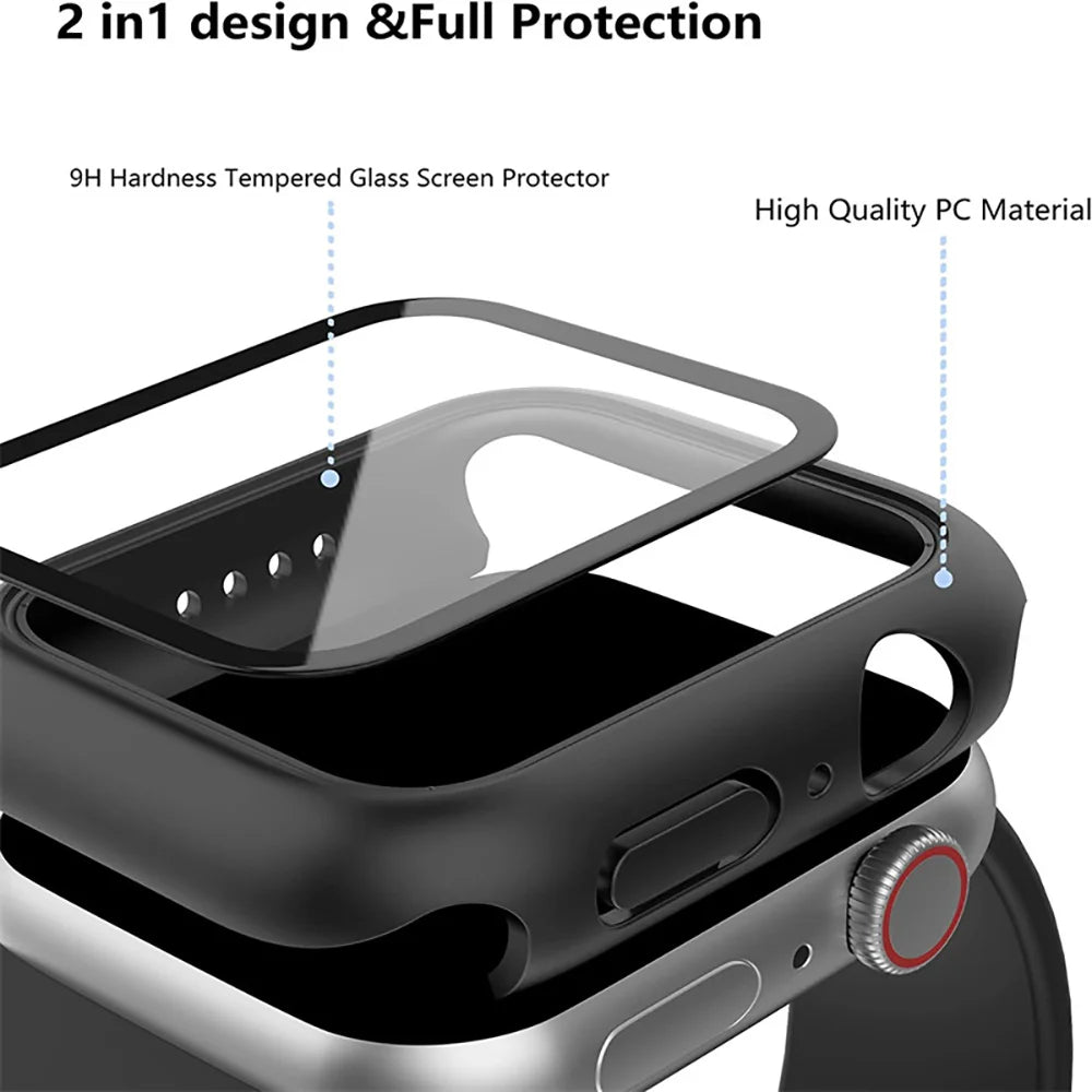 Funda con protector de pantalla de cristal templado para Apple Watch Series 10, 9, 8, 7, 6, SE y 5 (38 mm-46 mm) – Cubierta protectora completa 2 en 1