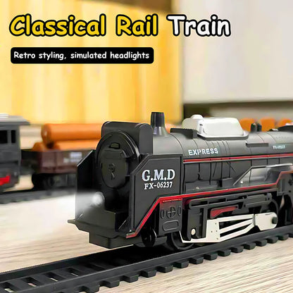 Retro Electric Freight Steam Train Toy Set – DIY Assembly Railway Track with Lights, Sound & Smoke Simulation, Children’s Gift