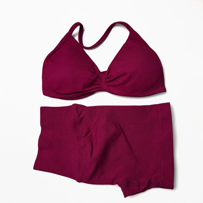 Seamless 2-Piece Yoga Sports Set – Strappy Halter Crop Top with Removable Pads & Quick-Dry Backless Shorts for Gym and Fitness