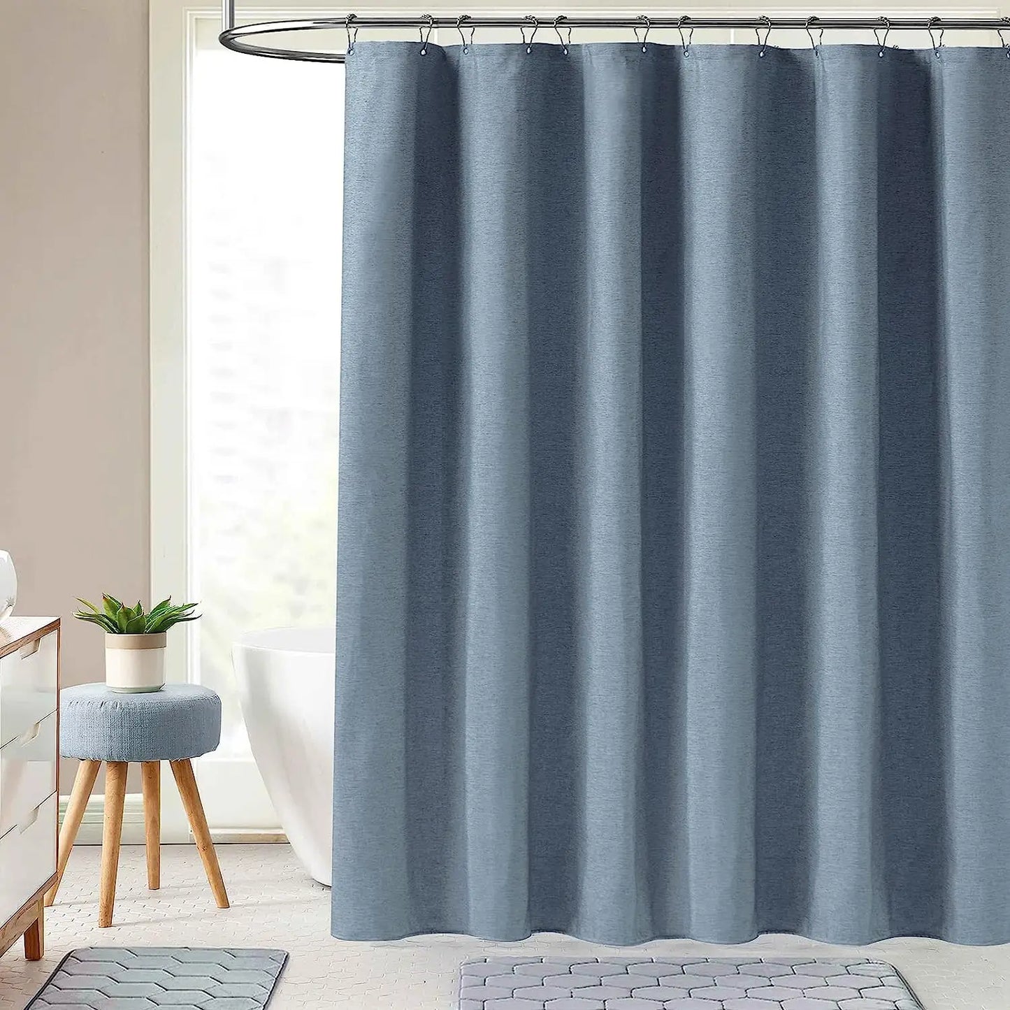 Cortina de ducha de lino de lujo – Cortina de baño de tela impermeable con ganchos de metal