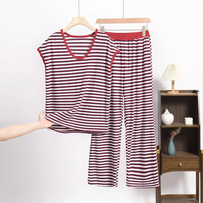 XL-8XL Plus Size Modal Pajama Set – 2PCS Short-Sleeve Striped T-Shirt & Pants, Lightweight Summer Loungewear for Home & Sleep