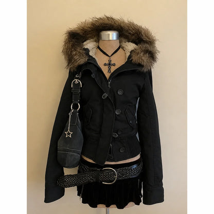 Women’s Harajuku Vintage Safari Jacket – Hooded Zip-Up Sweatshirt, Y2K Grunge Streetwear Coat with Stand Collar