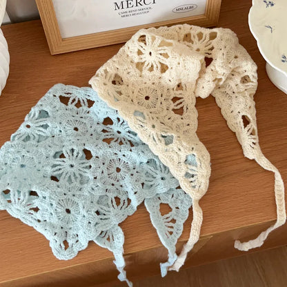 Fashion Knitted Headscarf for Women – French Pastoral Crochet Triangle Headband with Retro Floral Design | Handmade Hair Accessory