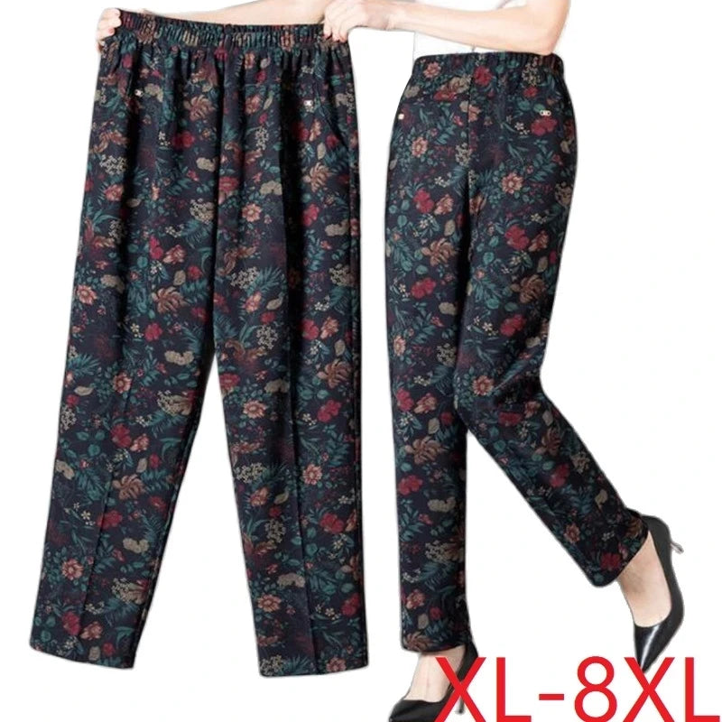 8XL Plus Size Women's Winter Pants – Printed Elastic High-Waist Velvet Trousers, Warm Straight-Leg Casual Oversized Fit