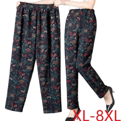 8XL Plus Size Women's Winter Pants – Printed Elastic High-Waist Velvet Trousers, Warm Straight-Leg Casual Oversized Fit