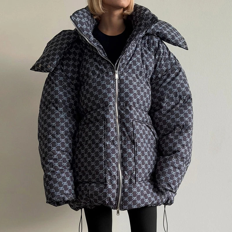 Women’s Winter Printed Coat & Pants 2-Piece Set – Warm Stand Neck Hooded Cotton Jacket with High-Waisted Pants, Chic Casual Outfit