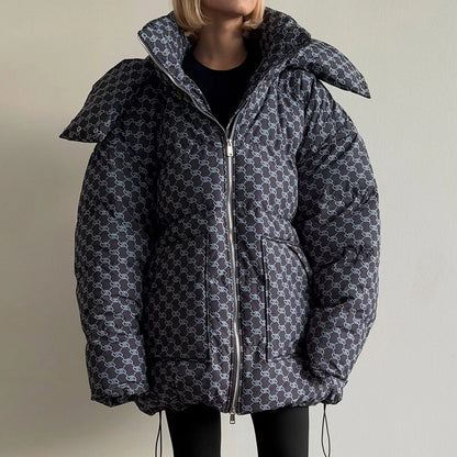 Women’s Winter Printed Coat & Pants 2-Piece Set – Warm Stand Neck Hooded Cotton Jacket with High-Waisted Pants, Chic Casual Outfit