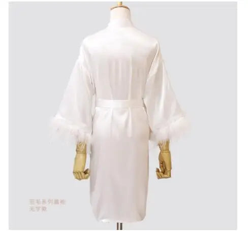 Women’s Feather Satin Robe – Bride Bridesmaid Wedding Kimono Bathrobe V-Neck Nightgown Lingerie