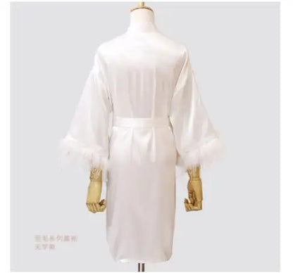 Women’s Feather Satin Robe – Bride Bridesmaid Wedding Kimono Bathrobe V-Neck Nightgown Lingerie