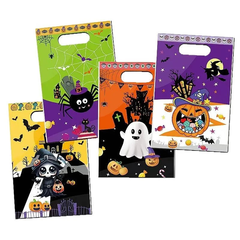 10-100PCS Halloween Candy Bags for Kids, PVC Trick or Treat Snack and Cookie Handbags, Ghost and Spider Print Gift Pouches, Halloween Party Favors and Goodie Bag Storage